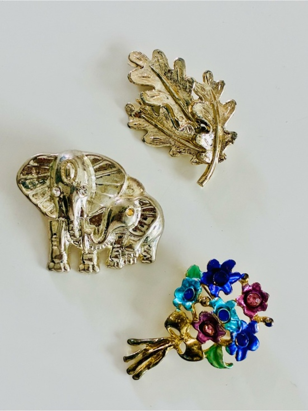 Gold Elephant, Leaf & Colorful Flower Brooch Trio Trending Casual Everyday